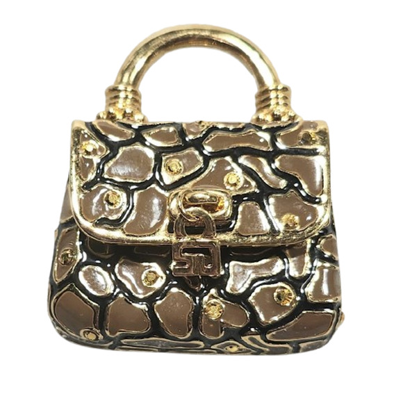 St John Jewelry - Vtg St John Gold Tone Crystal Croc Miniature Purse Handbag Brooch Pin Opens